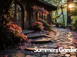 Amazing Garden path ideas for your garden. A house in the forest with a stone path.