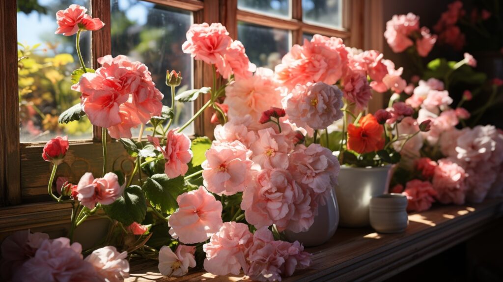 windowsill  potted geraniums in full bloom